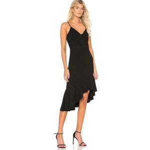 Elliatt Revolve Artemis Asymmetric Ruffle Black Midi Cocktail Dress Scuba Medium